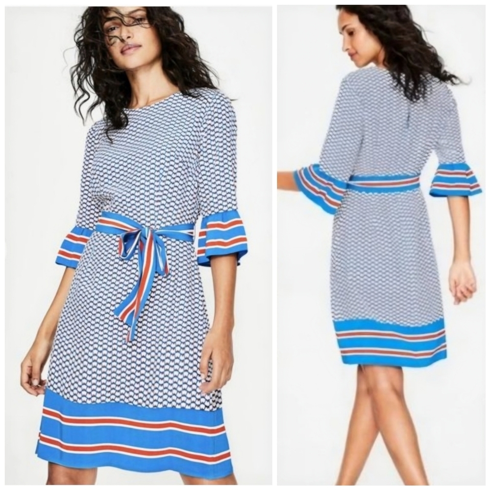 Boden Blue White Geometric Belted Long Sleeve Dress